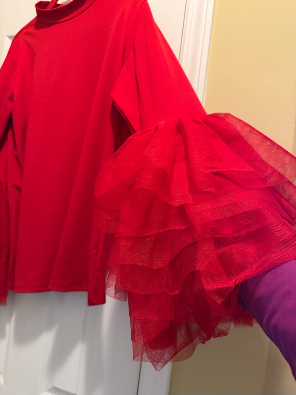 Red Knit Ruffle Sleeves Top - Picture 8 of 15